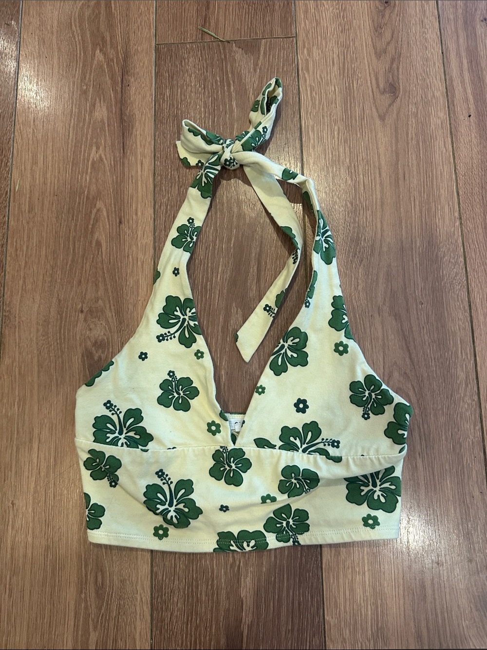 Halter Crop Top with Green Floral Print - Women's